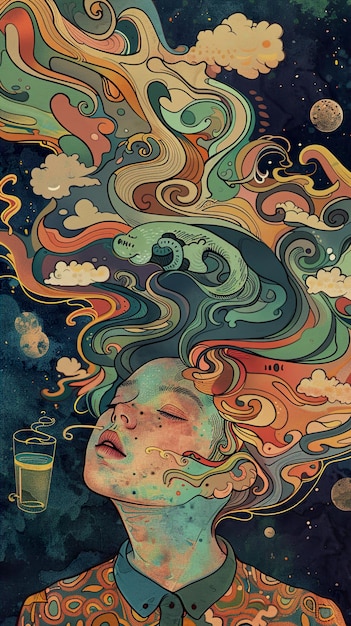 una mujer con una cara en las nubes está mirando hacia arriba