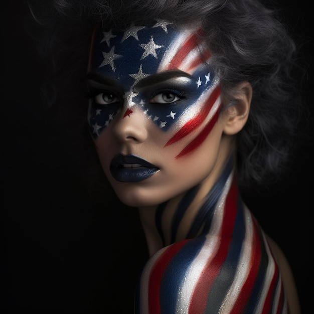 una mujer con la cara pintada con la bandera americana en la cara