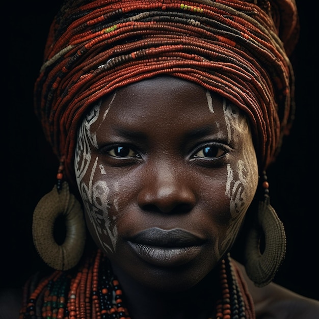 Una mujer con la cara pintada de blanco y un sombrero rojo.