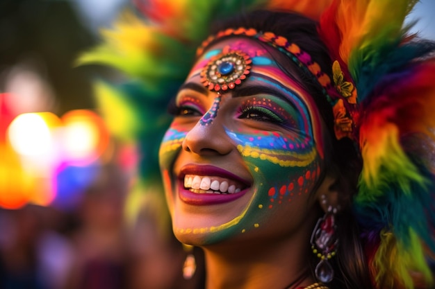 Una mujer con la cara pintada en colores brillantes sonríe a la cámara.