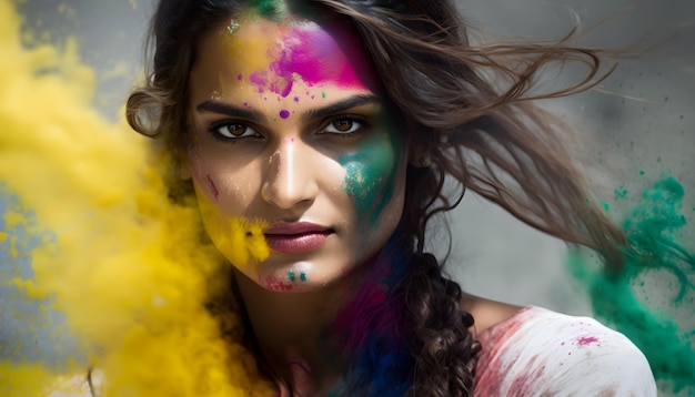 Una mujer con la cara pintada en colores holi.