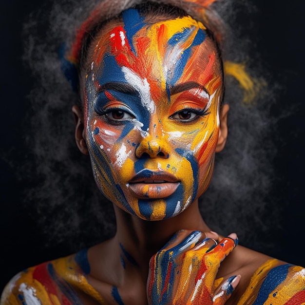 una mujer con una cara pintada con los colores de la pintura en su cara.