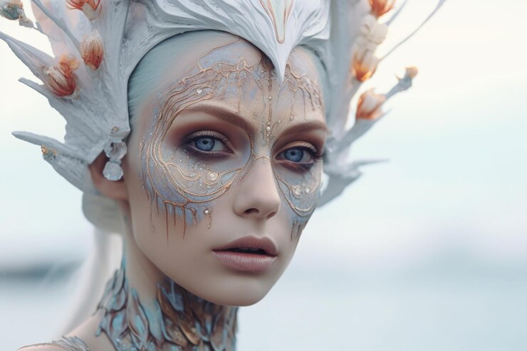 Una mujer con la cara pintada como una sirena.