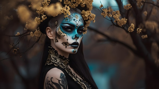 Una mujer con la cara pintada y una flor en la cabeza.