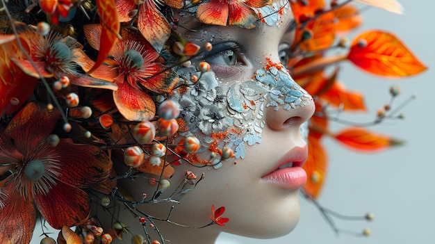 una mujer con una cara pintada con flores y hojas