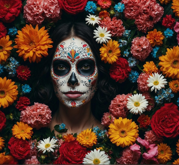 una mujer con una cara pintada y flores a su alrededor