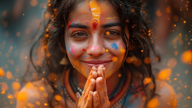 Foto mujer con la cara pintada y las manos delante de su cara