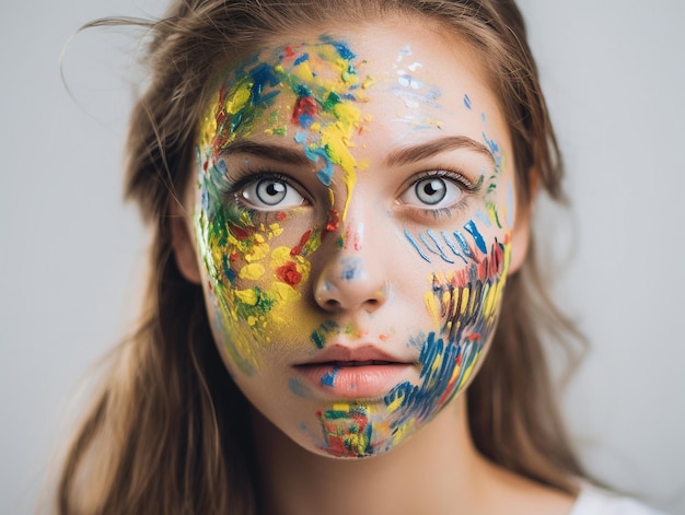 Una mujer con la cara pintada con pintura en la cara.