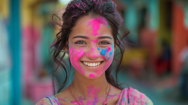 Mujer con la cara pintada de rosa y azul