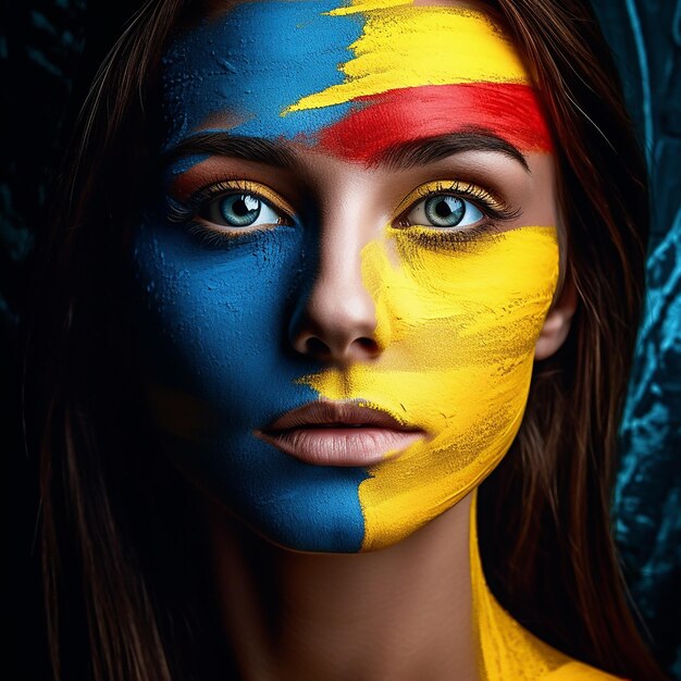 una mujer con la cara pintada y el rostro de una mujer con los colores de la bandera pintados.