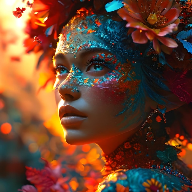 una mujer con la cara pintada de su cara pintada con los colores del sol y los colores del Sol