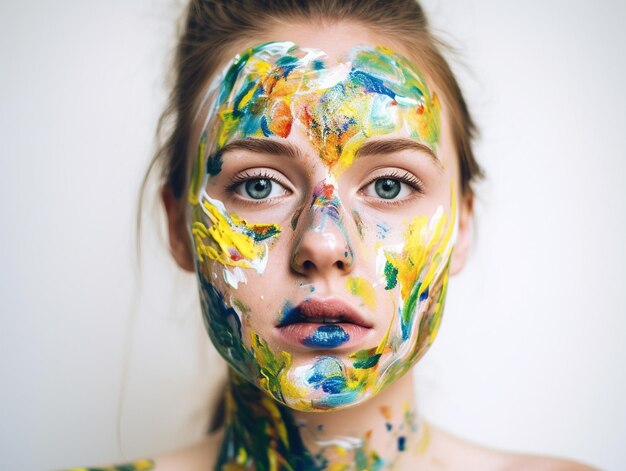 Foto una mujer con la cara pintada tiene un ojo azul y un ojo amarillo.