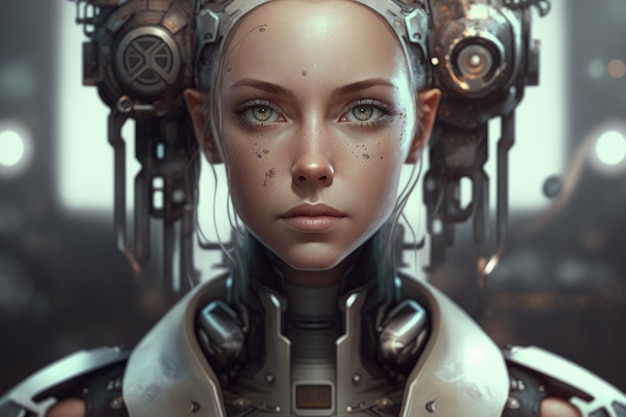 Una mujer con cara de robot y cara de robot.