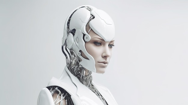 Una mujer con cara de robot y casco.