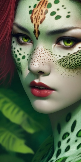 Una mujer con cara de sirena verde y ojos verdes.