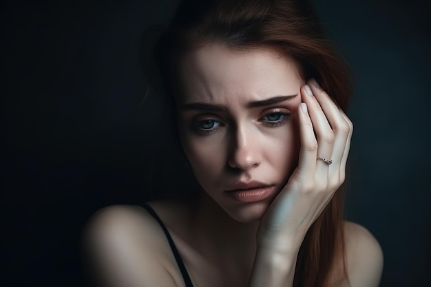 Una mujer con cara triste está mirando a la cámara.