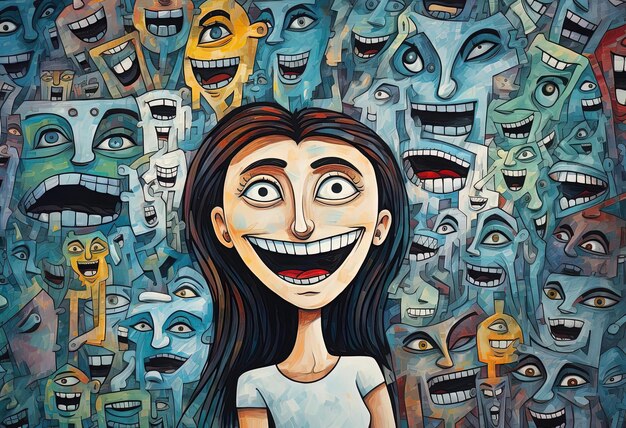 mujer con caras de emoción y una caricatura sonriente en el estilo del caos organizado