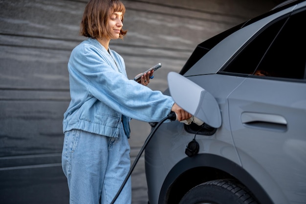 Mujer carga su auto eléctrico cerca de una casa