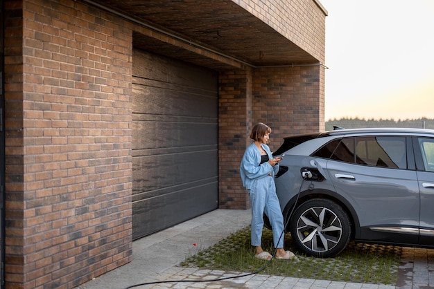 Foto una mujer carga su coche eléctrico cerca de una casa