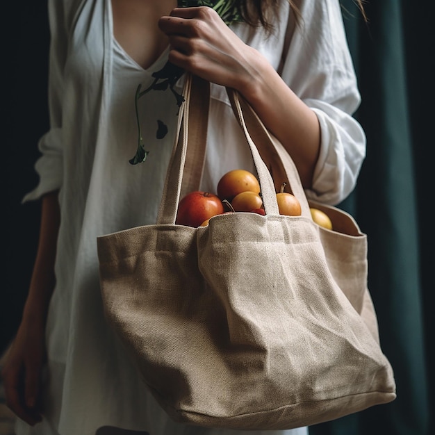 Una mujer cargando una bolsa de fruta con una hoja verde.