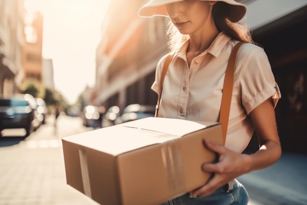 Una mujer cargando una caja en la calle.