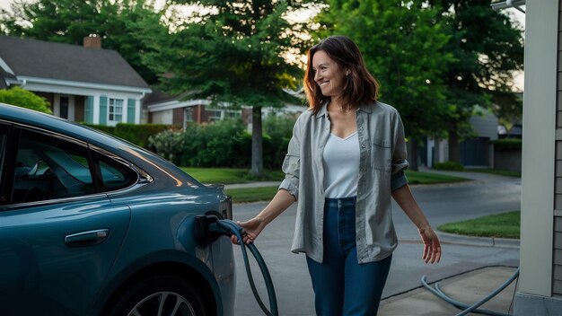 Mujer cargando un coche eléctrico junto a su casa