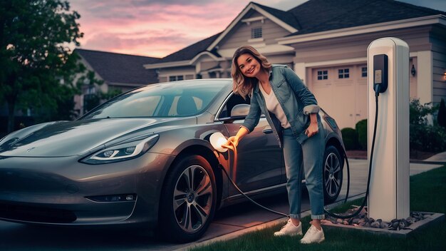 Mujer cargando un coche eléctrico junto a su casa