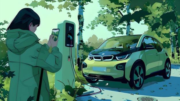 Mujer cargando un coche eléctrico en un parque sereno entorno de transporte y tecnología ecológica ilustración del concepto de vida verde uso de energía sostenible IA