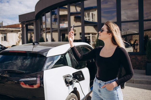 Mujer cargando electro coche en la gasolinera eléctrica