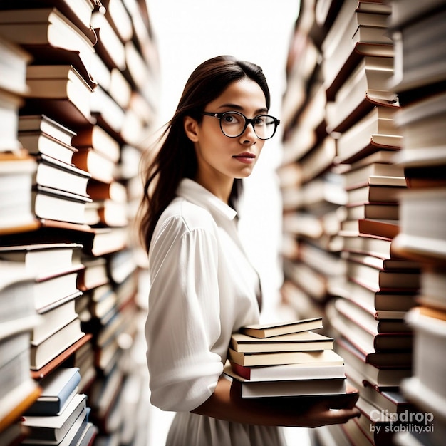 mujer cargando libros en la biblioteca