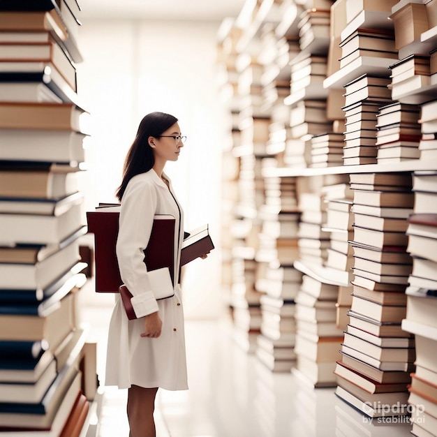 mujer cargando libros en la biblioteca