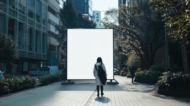 Mujer con un cartel en blanco en la ciudad Maqueta de publicidad