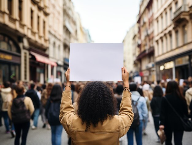 Foto mujer con un cartel en blanco en protesta