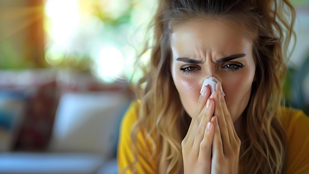 Foto mujer en casa que se ocupa de la gripe o las alergias tosiendo y soplando la nariz concepto síntomas de la gripe alergias remedios caseros atención médica de día enfermo