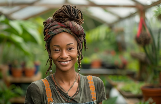 mujer en una casa verde sonriendo