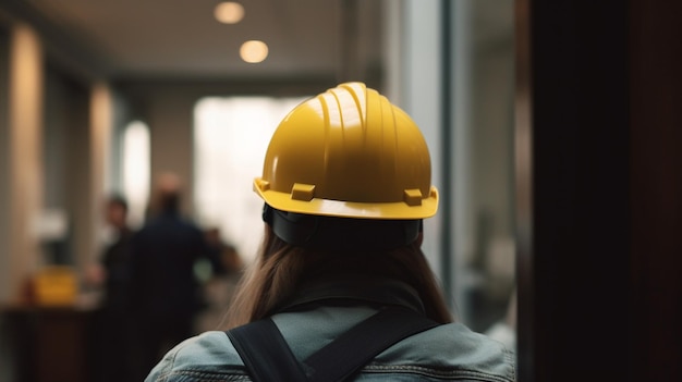 Una mujer con un casco amarillo se para en un pasillo.