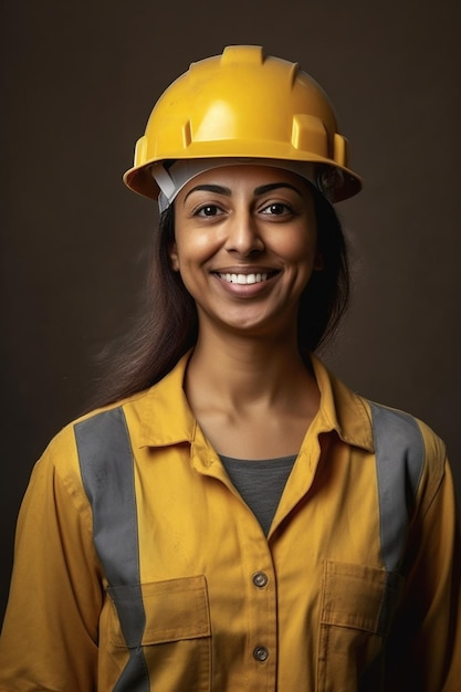 Una mujer con un casco amarillo sonríe a la cámara.