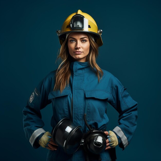 una mujer con un casco amarillo y un uniforme de bombero