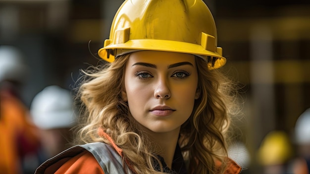 Una mujer con un casco amarillo