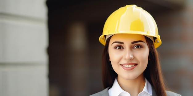 Una mujer con un casco amarillo