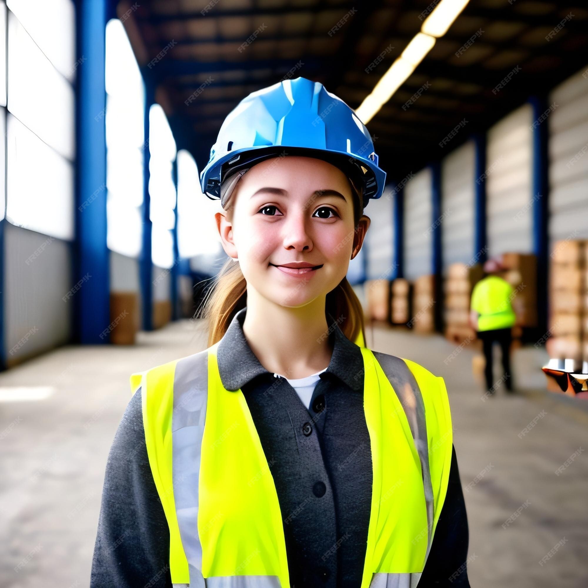 Una mujer un casco azul y un chaleco amarillo se encuentra un almacén. | Foto Premium