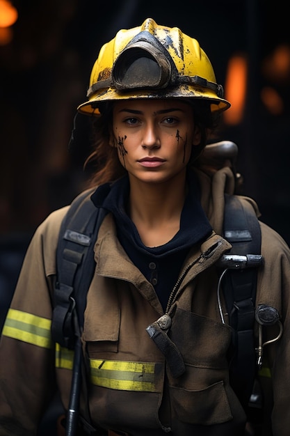 Mujer con casco de bombero y manguera de bomberos. IA generativa.