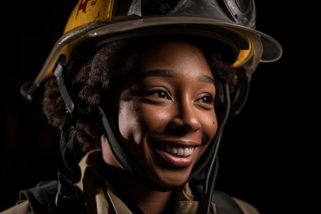 Una mujer con casco de bombero sonríe a la cámara.