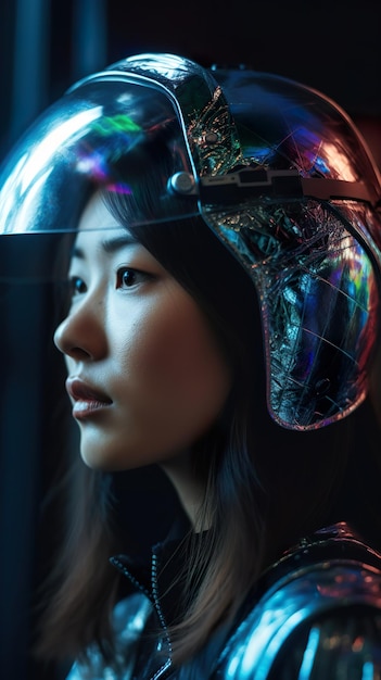 Una mujer con un casco brillante y mirando hacia un lado imagen generativa de ai