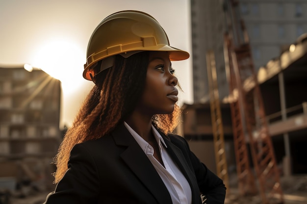 Una mujer con casco se para frente a un edificio en construcción