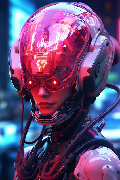 Una mujer con un casco futurista y una luz led roja.