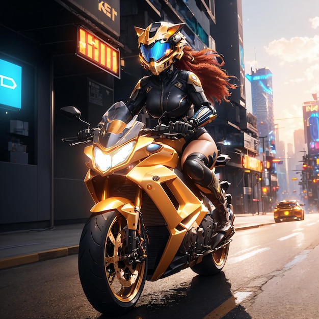 Una mujer con un casco de gato montando una motocicleta en Cyberpunk City