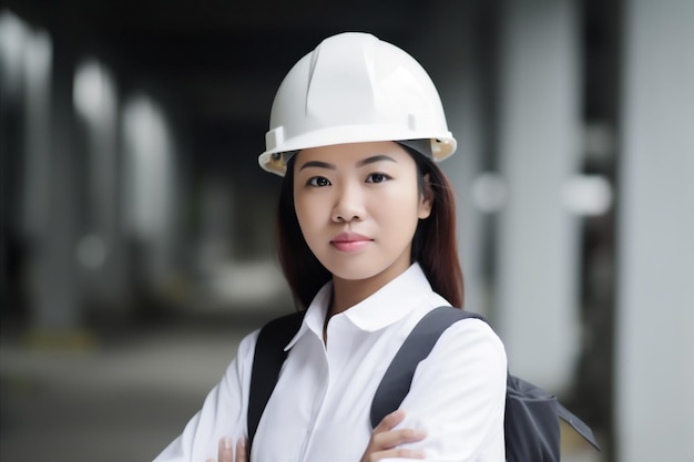 mujer casco ingeniero retrato negocio asiático trabajo sonrisa industria industrial hembra Generativo AI