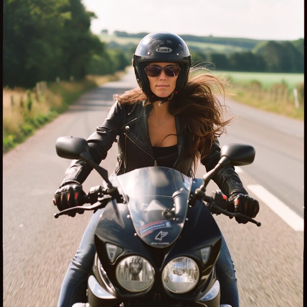 una mujer con casco monta una motocicleta con un casco