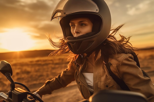 Una mujer con casco de moto monta una moto en una puesta de sol.